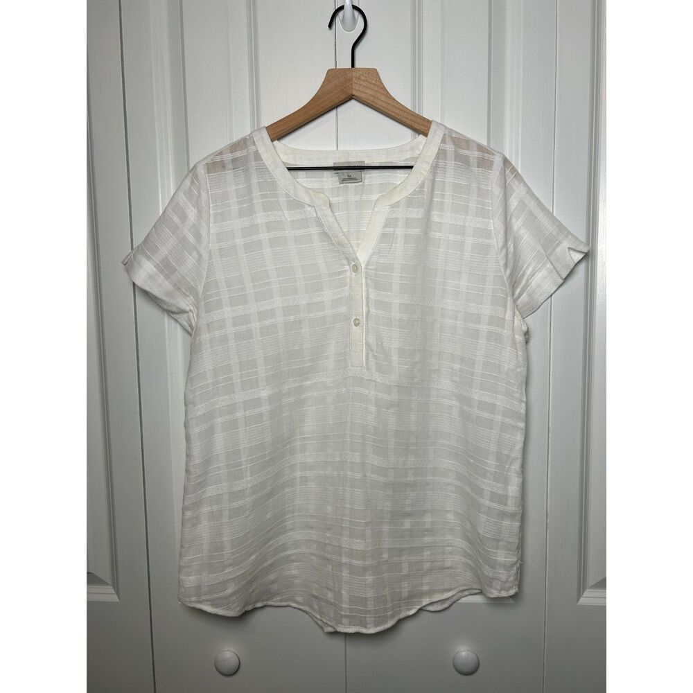 Van Heusen White Tonal Plaid Cotton Henley Short Sleeve Blouse Size M